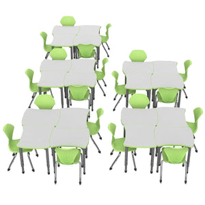Apex White Dry Erase Classroom Desk and Chair Package, 20 Dog Bone/Contour Collaborative Student Desks with 20 Apex Stack Chairs