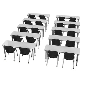 Apex White Dry Erase Classroom Desk and Chair Package, 10 Rectangle 2-Student Collaborative Desks, 20" x 60", with 20 Apex Stack Chairs