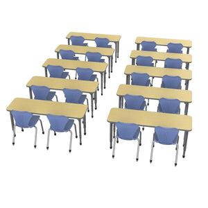 Apex Classroom Desk and Chair Package, 10 Rectangle 2-Student Collaborative Desks, 20" x 60", with 20 Apex Stack Chairs