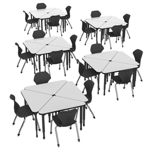Apex White Dry Erase Classroom Desk and Chair Package, 20 Triangle Collaborative Student Desks with 20 Apex Stack Chairs