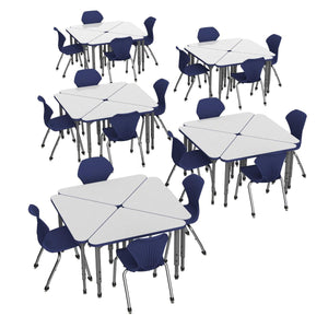 Apex White Dry Erase Classroom Desk and Chair Package, 20 Triangle Collaborative Student Desks with 20 Apex Stack Chairs