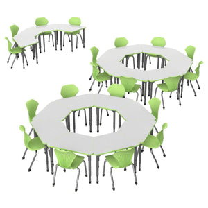 Apex White Dry Erase Classroom Desk and Chair Package, 20 Small Trapezoid Collaborative Student Desks with 20 Apex Stack Chairs