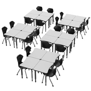 Apex White Dry Erase Classroom Desk and Chair Package, 20 Curve Collaborative Student Desks with 20 Apex Stack Chairs