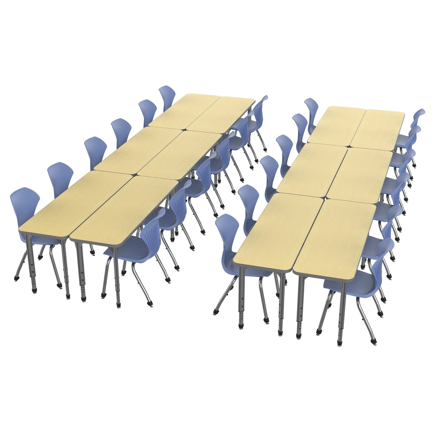 Apex Classroom Desk and Chair Package, 12 Rectangle 2-Student Collaborative Desks, 20" x 60", with 24 Apex Stack Chairs