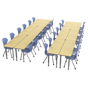 Apex Classroom Desk and Chair Package, 12 Rectangle 2-Student Collaborative Desks, 20" x 60", with 24 Apex Stack Chairs