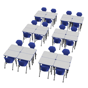Apex White Dry Erase Classroom Desk and Chair Package, 24 Rectangle Collaborative Student Desks, 20" x 30", with 24 Apex Stack Chairs