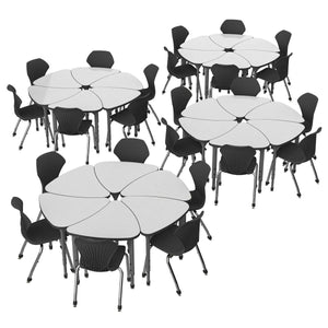 Apex White Dry Erase Classroom Desk and Chair Package, 24 Large Chevron Collaborative Student Desks with 24 Apex Stack Chairs