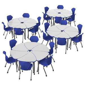 Apex White Dry Erase Classroom Desk and Chair Package, 24 Large Chevron Collaborative Student Desks with 24 Apex Stack Chairs