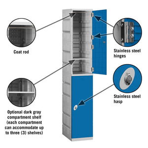 12" Wide Double Tier ABS Plastic Locker, 1 Wide, 6 Feet High, 18 Inches Deep, Blue, Assembled