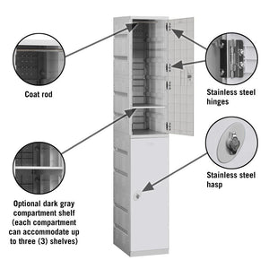 12" Wide Double Tier ABS Plastic Locker, 1 Wide, 6 Feet High, 18 Inches Deep, Gray, Assembled