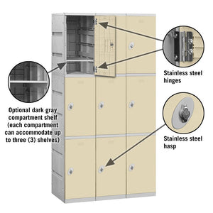 12" Wide Triple Tier ABS Plastic Locker, 3 Wide, 6 Feet High, 18 Inches Deep, Tan, Assembled