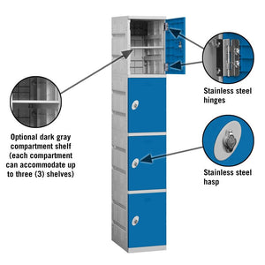 12" Wide Four Tier ABS Plastic Locker, 1 Wide, 6 Feet High, 18 Inches Deep, Blue, Assembled