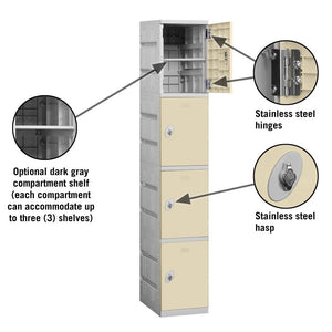 12" Wide Four Tier ABS Plastic Locker, 1 Wide, 6 Feet High, 18 Inches Deep, Tan, Assembled