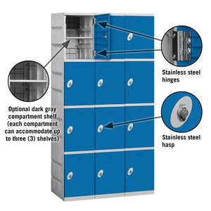 12" Wide Four Tier ABS Plastic Locker, 3 Wide, 6 Feet High, 18 Inches Deep, Blue, Assembled