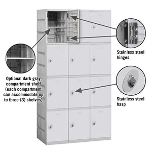 12" Wide Four Tier ABS Plastic Locker, 3 Wide, 6 Feet High, 18 Inches Deep, Gray, Assembled