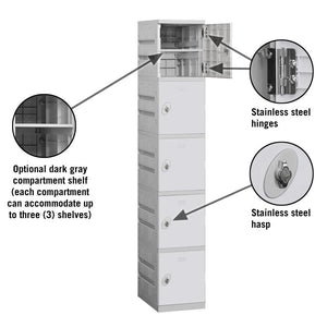 12" Wide Five Tier ABS Plastic Locker, 1 Wide, 6 Feet High, 18 Inches Deep, Gray, Assembled