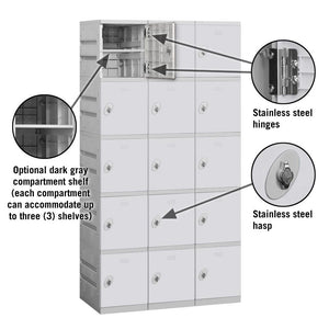 12" Wide Five Tier ABS Plastic Locker, 3 Wide, 6 Feet High, 18 Inches Deep, Gray, Assembled
