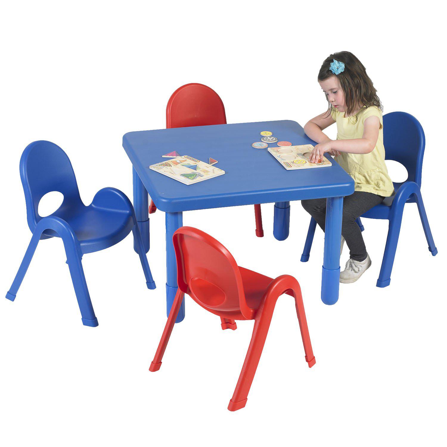 Toddler MyValue™ Table and Chair Set - 28" Square x 20"-High Royal Blue Table with 2 Royal Blue and 2 Candy Apple Red 11"-High Chairs