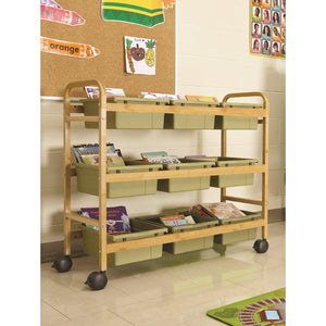 Bamboo Book Browser Cart with Nine Tubs, Sage Tubs