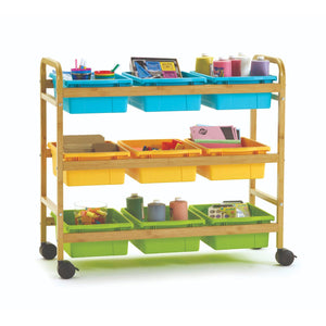 Bamboo Book Browser Cart with Nine Tubs, Vibrant Cool Tub Combo