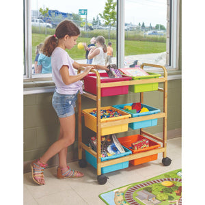 Copernicus Small Bamboo Book Browser Cart with Six Tubs, Vibrant Tub Combo