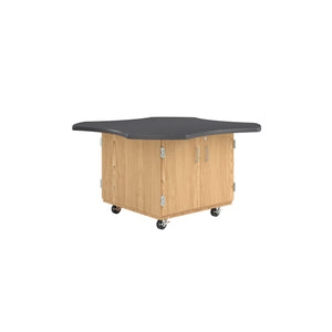 Intermix Mobile Workbench with Wave-Shaped Laminate Top, 4-Door Cabinet, 30" H, Oak Finish