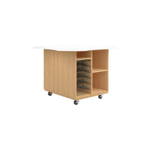 Intermix Mobile Workbench with Wave-Shaped Laminate Top, Open Tote Cabinet, 36" H, Oak Finish