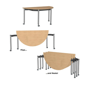 Muzo Kite® Mobile Flip-Top Folding/Nesting Table, Semi-Circle, 59" W x 29.5" D