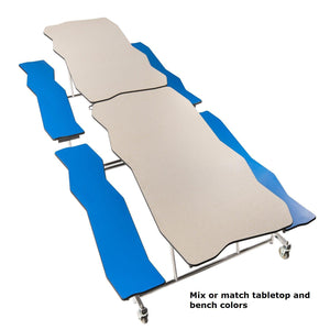 Mobile Cafeteria Table with Benches, 12' Bedrock, Plywood Core, Vinyl T-Mold Edge, Chrome Frame