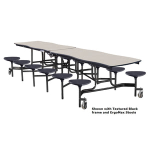 Mobile Cafeteria Table with 12 Stools, 10' Swerve, Plywood Core, Vinyl T-Mold Edge, Chrome Frame