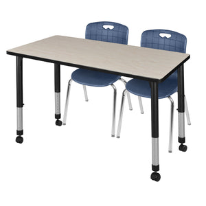 Kee Classroom Table and Chair Package, Kee 48" x 24" Rectangular Mobile Adjustable Height Table with 2 Andy 18" Stack Chairs