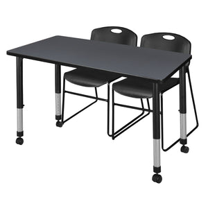 Kee Classroom Table and Chair Package, Kee 48" x 30" Rectangular Mobile Adjustable Height Table with 2 Black Zeng Stack Chairs