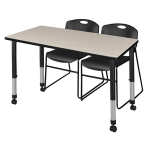 Kee Classroom Table and Chair Package, Kee 48" x 30" Rectangular Mobile Adjustable Height Table with 2 Black Zeng Stack Chairs