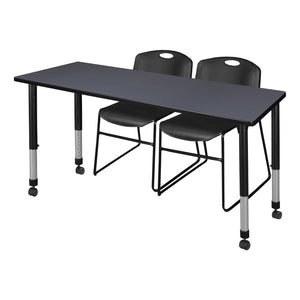 Kee Classroom Table and Chair Package, Kee 72" x 24" Rectangular Mobile Adjustable Height Table with 2 Black Zeng Stack Chairs