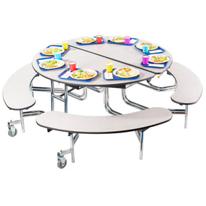 Mobile Cafeteria Table with Benches, 60" Round, Particleboard Core, Vinyl T-Mold Edge, Chrome Frame