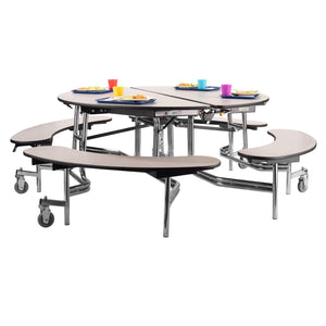 Mobile Cafeteria Table with Benches, 60" Round, MDF Core, Black ProtectEdge, Chrome Frame