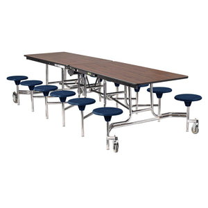 Mobile Cafeteria Table with 12 Stools, 10'L Rectangular, Particleboard Core, Vinyl T-Mold Edge, Chrome Frame