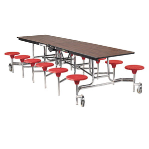 Mobile Cafeteria Table with 12 Stools, 10'L Rectangular, Plywood Core, Vinyl T-Mold Edge, Chrome Frame