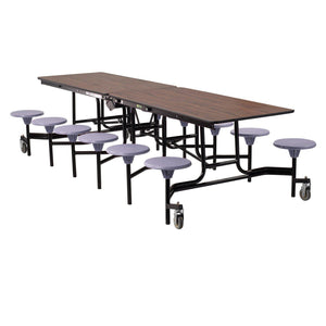 Mobile Cafeteria Table with 12 Stools, 10'L Rectangular, Particleboard Core, Vinyl T-Mold Edge, Textured Black Frame