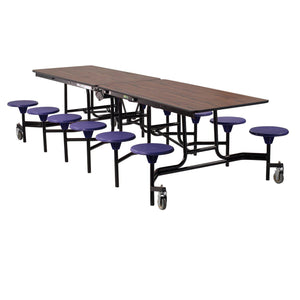 Mobile Cafeteria Table with 12 Stools, 10'L Rectangular, Plywood Core, Vinyl T-Mold Edge, Textured Black Frame