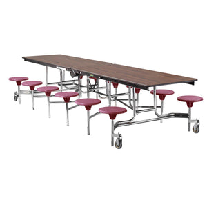 Mobile Cafeteria Table with 12 Stools, 12'L Rectangular, Plywood Core, Vinyl T-Mold Edge, Chrome Frame