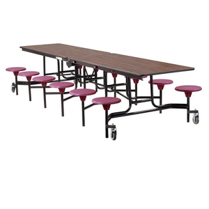 Mobile Cafeteria Table with 12 Stools, 12'L Rectangular, Plywood Core, Vinyl T-Mold Edge, Textured Black Frame