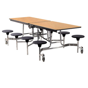 Mobile Cafeteria Table with 8 Stools, 8'L Rectangular, Plywood Core, Vinyl T-Mold Edge, Chrome Frame