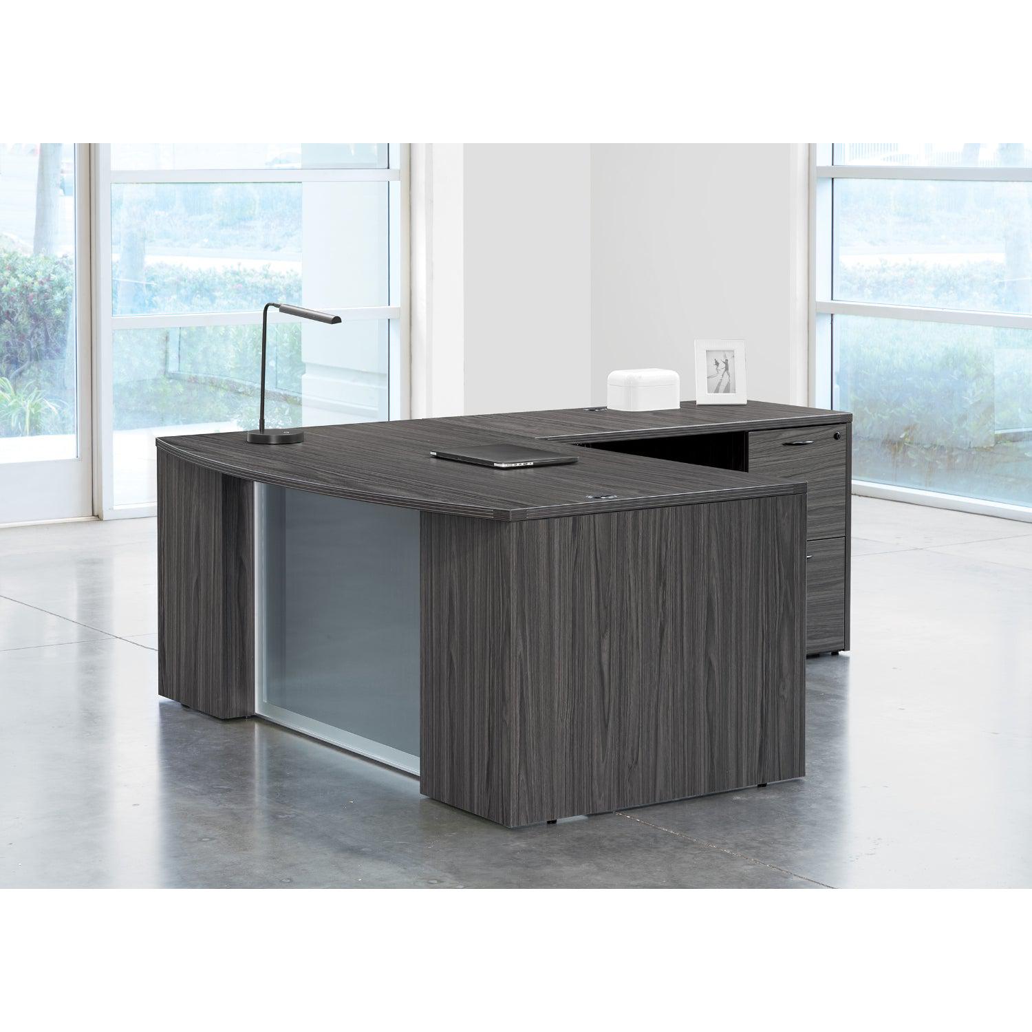Napa StepFront L Shape with Bow Top Desk and Glass Modesty Panel, 71” x 88”