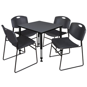 Kee Classroom Table and Chair Package, Kee 30" Square Adjustable Height Table with 4 Black Zeng Stack Chairs