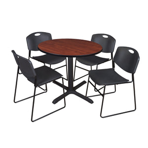 Cain Round Breakroom Table and Chair Package, Cain 36" Round X-Base Breakroom Table with 4 Zeng Stack Chairs