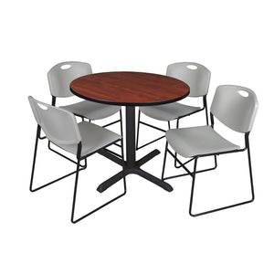 Cain Round Breakroom Table and Chair Package, Cain 36" Round X-Base Breakroom Table with 4 Zeng Stack Chairs