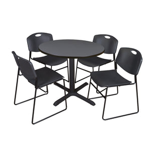 Cain Round Breakroom Table and Chair Package, Cain 36" Round X-Base Breakroom Table with 4 Zeng Stack Chairs