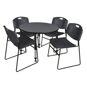 Kee Classroom Table and Chair Package, Kee 36" Round Adjustable Height Table with 4 Black Zeng Stack Chairs
