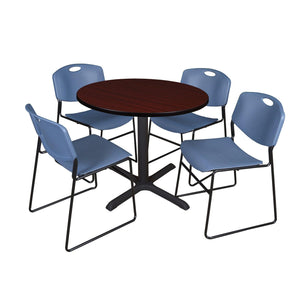 Cain Round Breakroom Table and Chair Package, Cain 36" Round X-Base Breakroom Table with 4 Zeng Stack Chairs